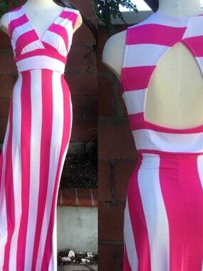 Casual Bright Stripped Long Sundress Cutout Back V-Neckline A-Line Stretchy S